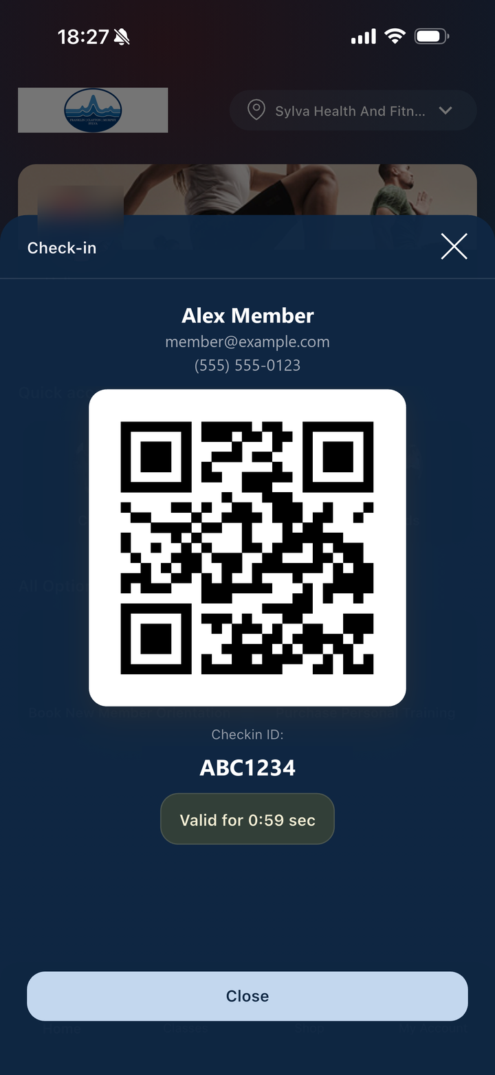 The app's Check-in screen. The Checkin ID, shown here as ABC1234, is directly below the QR code.